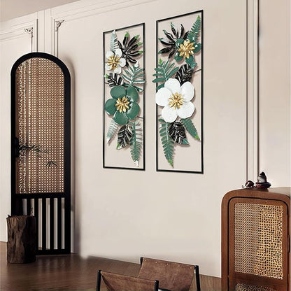 Metal 3D Wall Art Decor 2 Pcs 34" x 15" Wall Decor Handmade Green Leaf Flower Hanging Home Decor with Frame Wall Sculptures Modern for Living Room, Bedroom, Dining Room, Office and Hotel Large