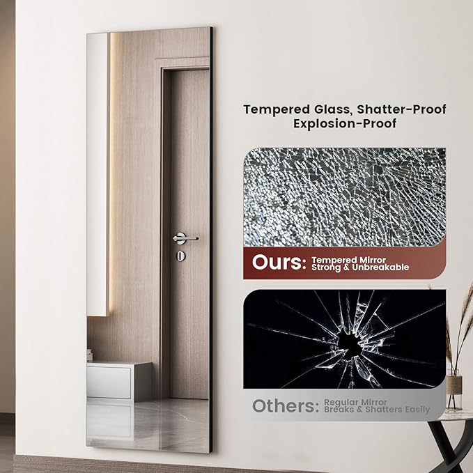 Kosmonia 58x18 Frameless Full Length Silver Coating Mirror w/Distortion Free, HD Reflection &Anti Desilvering, Tempered Glass, Easy Setup w/Stand, Wall/Standing