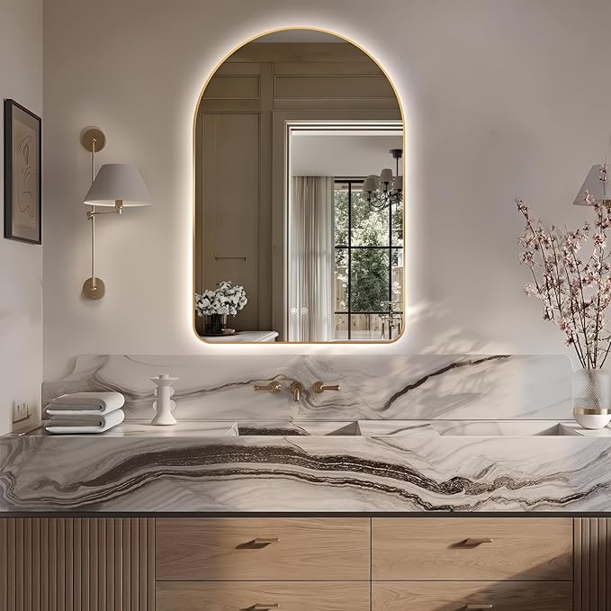 Niccy Arched LED Lighted Bathroom Mirror, 36x24 Inch Backlit Vanity Bathroom Mirror with Lights Brushed Gold Framed Wall Mounted Mirrors with 3 Color Shatterproof Arch Smart Fog Free Mirror