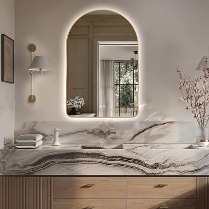 Niccy Arched LED Lighted Bathroom Mirror, 36x24 Inch Backlit Vanity Bathroom Mirror with Lights Brushed Gold Framed Wall Mounted Mirrors with 3 Color Shatterproof Arch Smart Fog Free Mirror