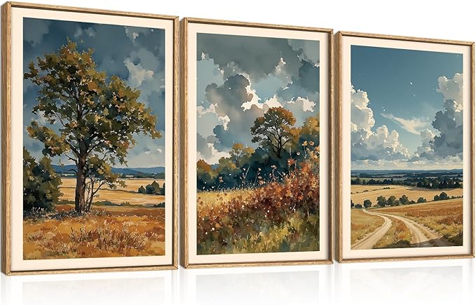 KAIRNE Nature Landscape Framed Canvas Wall Art Set,Watercolor Countryside Forest Wall Decor,Blue Green Scenery Art Prints,Rustic Wilderness Artwork for Living Room,Bedroom,Farmhouse,Office-16 x24 x3