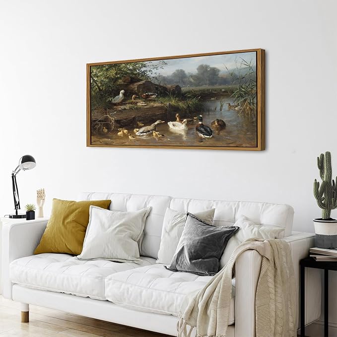 Countryside Landscape Wall Art Framed Duck Wall Decor Vintage Picture Classical Country Field Canvas Painting Prints Poster Farmhouse Animals Scenic Artwork for Living Room Home Decorations 24x48