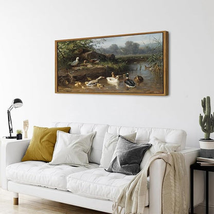 Countryside Landscape Wall Art Framed Duck Wall Decor Vintage Picture Classical Country Field Canvas Painting Prints Poster Farmhouse Animals Scenic Artwork for Living Room Home Decorations 24x48
