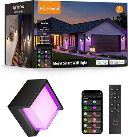 Meevt Smart Outdoor Wall Lights, 1200LM RGBCW Porch Lights, IP65 Waterproof Exterior Wall Sconce, Work with Alexa & Google Assistant, App & Remote Control Wall Lights for Patio, Garage, Square, 1 Pack