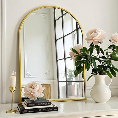 Dewfig Arched Wall-Mounted Mirror, 20"x30" Arch Bathroom Mirror, Gold Vanity Mirror for Wall Décor, Wall Mirror with Metal Frame for Bedroom, Entryway, Living Room, Brushed Gold