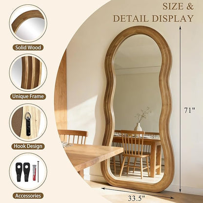 Wavy Full Length Mirror, 71"x33.5" Oversized Aesthetic Floor Mirrors with Triple Layer Solid Wood Frame, Premium Organic Full Body Mirror for Living Room Entryway Cloakroom, Leaning/Hanging