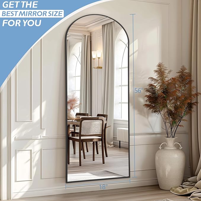 56"X18" Arched Full Length Mirror, Black Floor Mirror with Stand Hanging or Leaning Against Wall, Tempered Glass Full Body Mirror for Bedroom Living Room, Aluminum Alloy Frame