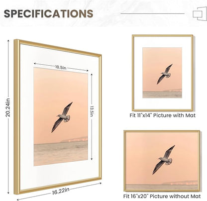Fun Memories 16x20 Aluminum Picture Frame Gold, 16"x20" Frame for Wall with Real Glass, 16 x 20 Gold Metal Frame, 16x20 Picture frame Matted to 11x14