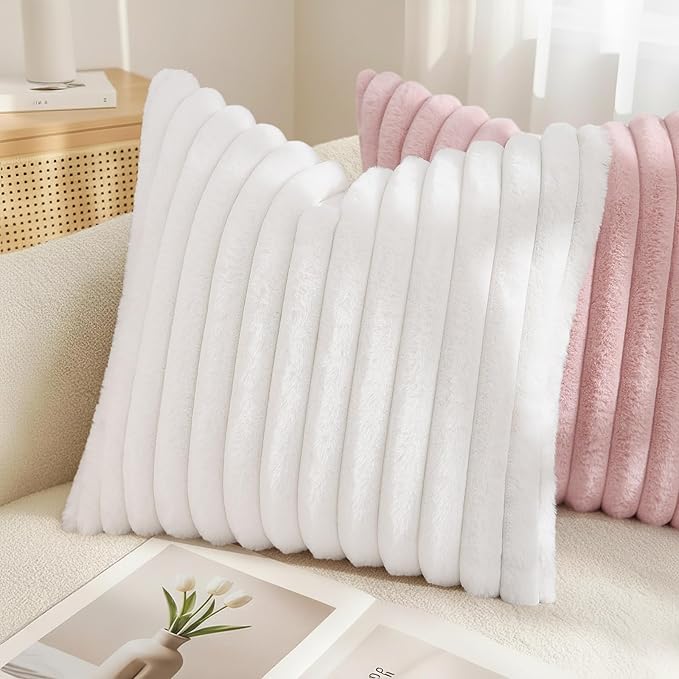 decorUhome Summer Cozy Faux Fur Throw Pillow Covers 18x18 Set of 2 Decorative Soft Plush Striped Modern Farmhouse Boho Couch Pillow Cases with Velvet Back for Sofa Bed Living Room, White