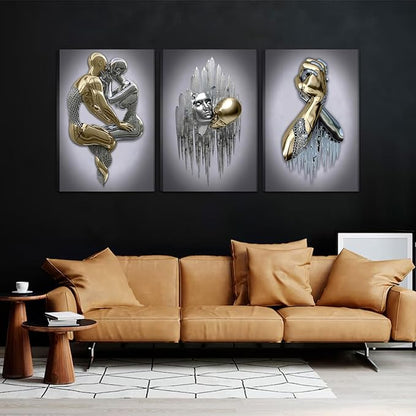 Modern Bedroom Wall Art Set of 3-3D Metal Effect Couple Canvas Paintings Wall Decor, Abstract Figure Statue Art Prints for Living Room Home Decor - 16x24in Framed