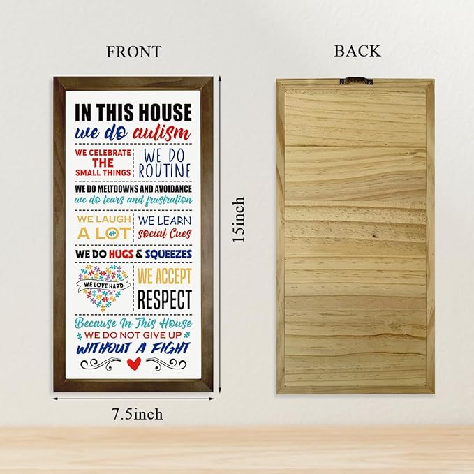 Rustic Autism Awareness Sign, Autism's Room Wall Decor, Autism's Family Home Decor, Wooden Framed Wall Decors, Classroom Decoration, In This House We Do Autism Sign, 15×7.5×0.3 inches