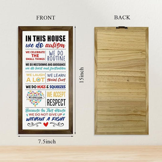 Rustic Autism Awareness Sign, Autism's Room Wall Decor, Autism's Family Home Decor, Wooden Framed Wall Decors, Classroom Decoration, In This House We Do Autism Sign, 15×7.5×0.3 inches