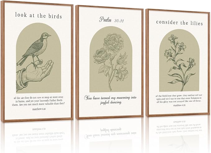 KAlRNE Sage Green Bible Verse Wall Art Set of 3, Framed Vintage Scripture Prints, Religious Birds and Lilies Decor, Green Christian Gallery Artwork for Living Room Bedroom Office