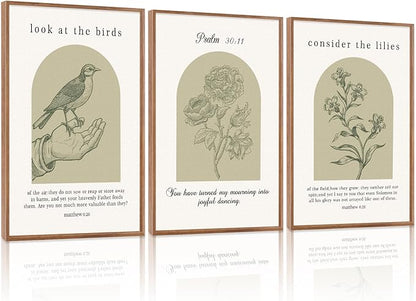 KAlRNE Sage Green Bible Verse Wall Art Set of 3, Framed Vintage Scripture Prints, Religious Birds and Lilies Decor, Green Christian Gallery Artwork for Living Room Bedroom Office