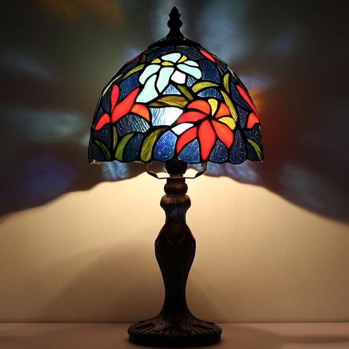Tiffany Style Lamp Stained Glass Table Lamp 8" x 14.5" Mini Accent Light Irises Design Small Decorative Bedside Memory Lamp