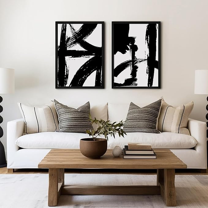 Black and White Wall Art Abstract Modern Painting Minimalist Line Canvas Wall Art Decor Black And White Poster Abstract Artwork Prints for Living Room Bedroom 16x24 Inch Wood Framed Set of 2