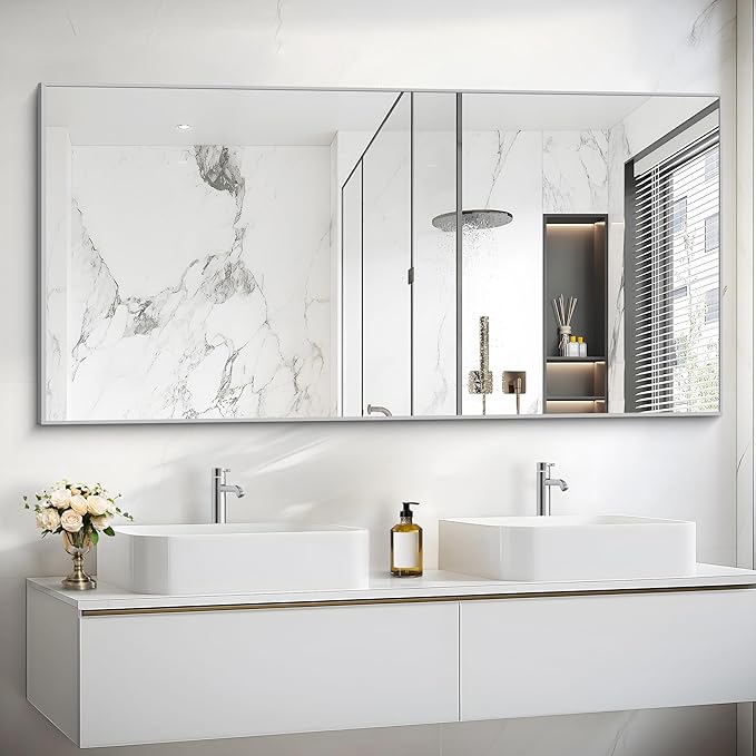 COFENY 30x55In Silver Bathroom Mirror for Wall, Brushed Nickel Rectangle Mirrors with Metal Frame, Bathroom Rectangular Mirror Modern Wall Mirror for Bedroom Living Room, Hangs Horizontal or Vertical
