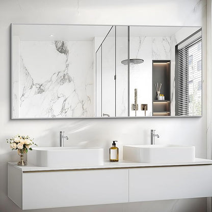 COFENY 30x55In Silver Bathroom Mirror for Wall, Brushed Nickel Rectangle Mirrors with Metal Frame, Bathroom Rectangular Mirror Modern Wall Mirror for Bedroom Living Room, Hangs Horizontal or Vertical