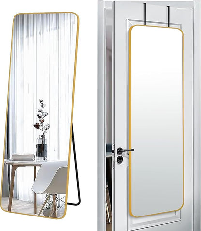 SCWF-GZ 57x20 Door Hanging Full Length Mirror, Floor Stand (Height 5.7ft just Body in1.3ft) Wall Mounted Metal Frame Rectangle Dressing Mirrors for Bedroom Room 57 inch Gold