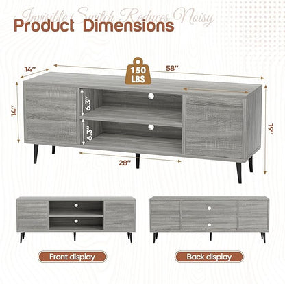 YESHOMY Modern TV Stand for 65" Television, Entertainment Center with Two Storage Cabinets, Retro Style Media Console for Living Room, Bedroom, Office, 58 Inch Classic, Light Gray