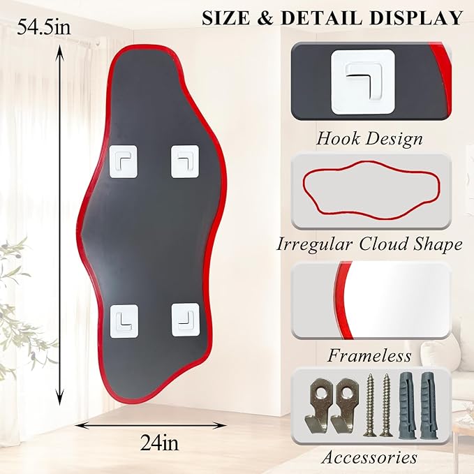 Large Irregular Mirror, 54.5"x24" Asymmetrical Tempered Glass Mirror, Red Modern Organic Shape Frameless Mirrors for Living Room Bedroom Hallway Entryway, Horizontal or Vertical Hanging