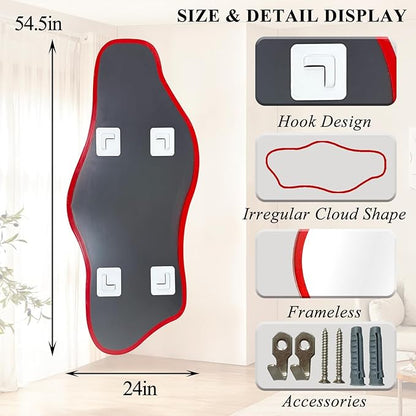 Large Irregular Mirror, 54.5"x24" Asymmetrical Tempered Glass Mirror, Red Modern Organic Shape Frameless Mirrors for Living Room Bedroom Hallway Entryway, Horizontal or Vertical Hanging