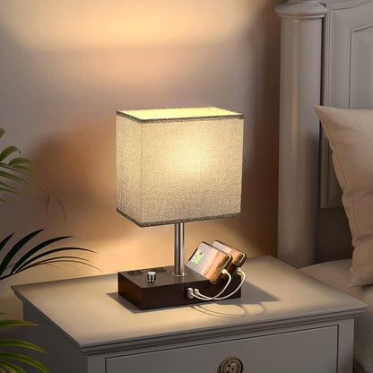 Kakanuo Fully Dimmable Bedside Lamps for Bedroom with USB C Ports, Grey USB Table Lamp Set of 2, Wooden Desk Lamp with 2 Charging Outlets and Phone Stand for Nightstand and Living Room, Bulb Included