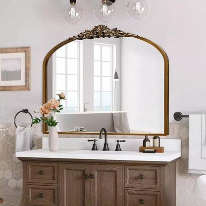 36''x29'' Antique Gold Arched Wall Mirror with Metal Flower Carving Frame, Small Vintage Retro Baroque Mirror Ornate, Vanity Mirror for Bathroom, Fireplace,Entryway, Living Room (Vintage Gold,)