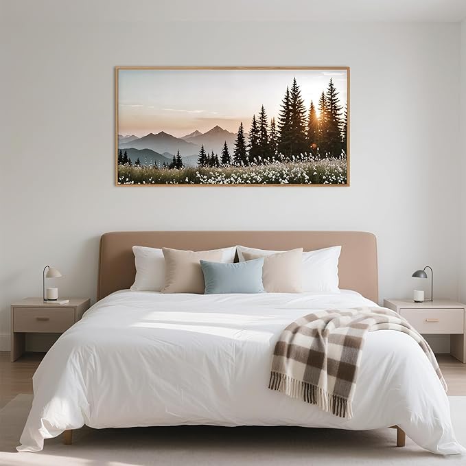 Forest Sunlight Landscape Framed Canvas Wall Art Set,Nature Mountain Pine Tree Wall Decor,Modern Sunrise Wildflower Calming Art Printing for Living Room,Bedroom-20 x40