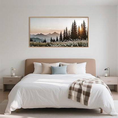 Forest Sunlight Landscape Framed Canvas Wall Art Set,Nature Mountain Pine Tree Wall Decor,Modern Sunrise Wildflower Calming Art Printing for Living Room,Bedroom-20 x40