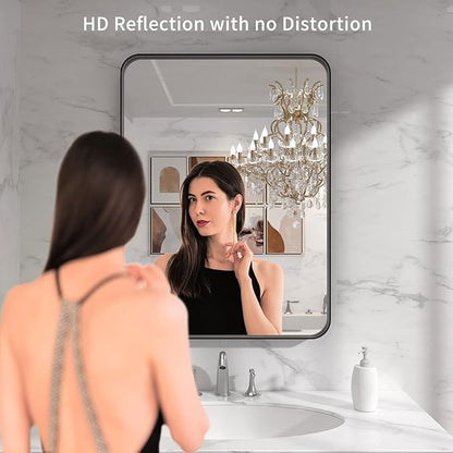 LOAAO Black Metal Framed Bathroom Mirror for Wall, 22X30 Inch Rounded Rectangle Mirror, Matte Black Bathroom Vanity Mirror Farmhouse, Anti-Rust, Hangs Horizontally or Vertically