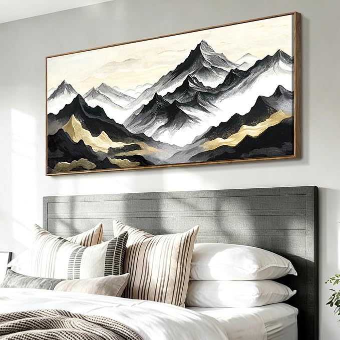 Large Framed Contemporary Black White And Gold Living Room Wall Art, Canvas Print Of Landscape Mountains; Unique Abstract Natural Artwork For Bedrooms, Offices, Studies, Entryways, And Living Rooms. 48X24 Inches.