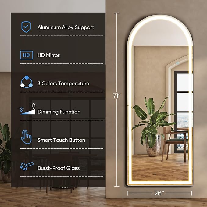 26"×71" Arched LED Full Length Mirror with Stand, Full Body Wall-Mount Mirror with LED Lights 3 Color Lighting, Hanging or Leaning, Floor Standing, Modern Simple Home Wall Decor