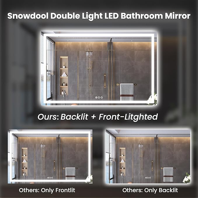 Snowdool 60"X30" LED Bathroom Mirror with Front Lights and Backlit, Anti-Fog, Dimmable, Shatter-Proof Tempered Glass, Lighted Bathroom Vanity Mirror for Wall with 3 Colors, Memory Function