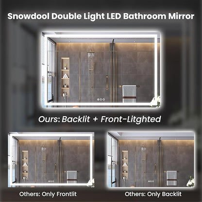 Snowdool 60"X40" LED Bathroom Mirror with Front Lights and Backlit, Anti-Fog, Dimmable, Shatter-Proof Tempered Glass, Lighted Bathroom Vanity Mirror for Wall with 3 Colors, Memory Function