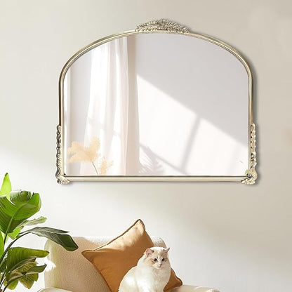OUSHUAI Antique Gold Mirror,Ornate Wide Mirror Decor,Arched Big Mirror for Entryway/Bathroom/Fireplace 37"X29" Champagne Gold