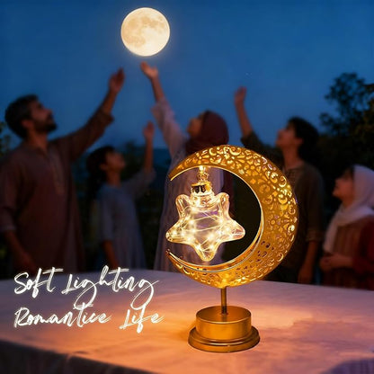Gold Moon Table Night Light with Hanging Star Ramadan Decorative Lamp Battery Operated Suitable for Home Bedroom Shop Dining Table Holiday Party Eid Festival Decoration (Gmoon-WW-Star)