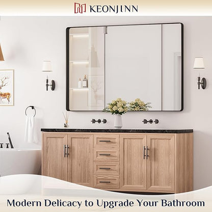 Keonjinn Black Bathroom Mirror for Over Sink, 60 x 40 Inch Large Rounded Rectangle Bathroom Vanity Mirror, Matte Black Sandblasted Finish, HD Tempered Glass, Seamless Metal Frame(Horizontal/Vertical)