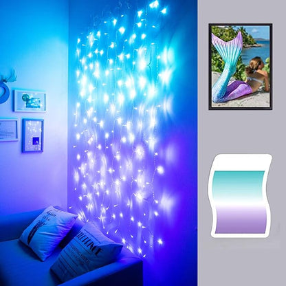 Curtain Lights for Bedroom Wall Light Up Curtains Led String Lights Turquoise Teal Blue Lavender Lilac Purple Twinkle Hanging Fairy Lights Unicorn Mermaid Kawaii Sanrio Teen Room Decor for Girls
