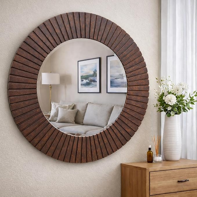Vercraft 30" Round Wood Wall Mirror - Grooved Decorative Mirror for Entryway, Living Room Bathroom, Bedroom, Hallway