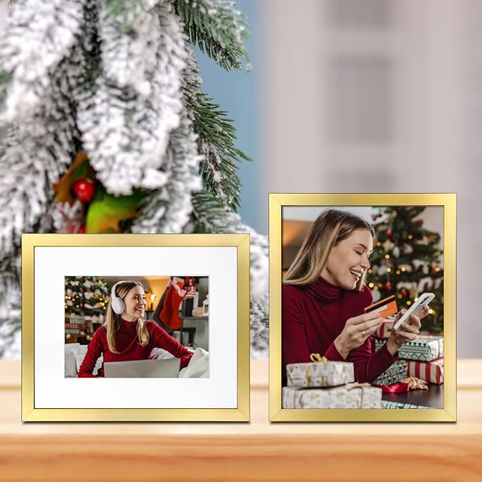 11x14 Picture Frame Set of 6, Display Pictures 8x10 with Mat or 11x14 Without Mat,Wall Gallery Photo Frames, Sleek Gold