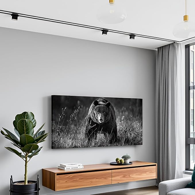 LevvArts Black and White Animal Wall Art Forest Bear Picture Painting Modern Artwork Framed Home Kitchen Office Decor 24"x48"