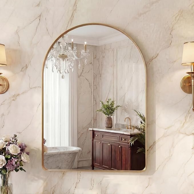 OLIXIS Arched Bathroom Mirror for Over Sink, 30x20 Inch Wall Mirror Arched Rounded Rectangle, Modern Wall Mount Vanity Mirror with Matte Metal Deep Framed, for Home Decor, Living Room, Gold