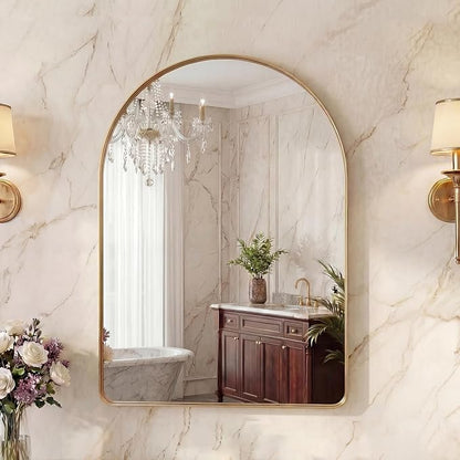 OLIXIS Arched Bathroom Mirror for Over Sink, 30x20 Inch Wall Mirror Arched Rounded Rectangle, Modern Wall Mount Vanity Mirror with Matte Metal Deep Framed, for Home Decor, Living Room, Gold