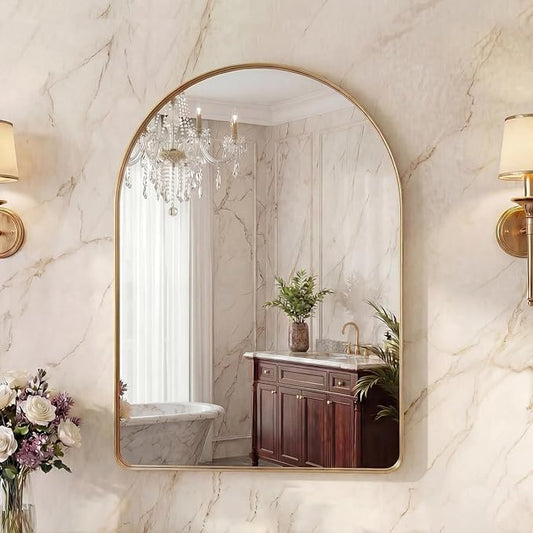 OLIXIS Arched Bathroom Mirror for Over Sink, 30x20 Inch Wall Mirror Arched Rounded Rectangle, Modern Wall Mount Vanity Mirror with Matte Metal Deep Framed, for Home Decor, Living Room, Gold