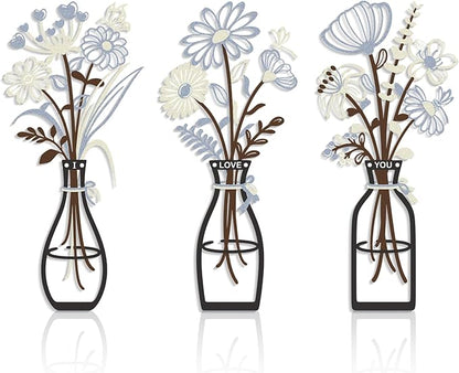 3 Pieces Metal Flowers Wall Art Decor, House Minimalist Bathroom Wall Decors Sculptures for Living Room Dining Room Bedroom Housewarming Gifts