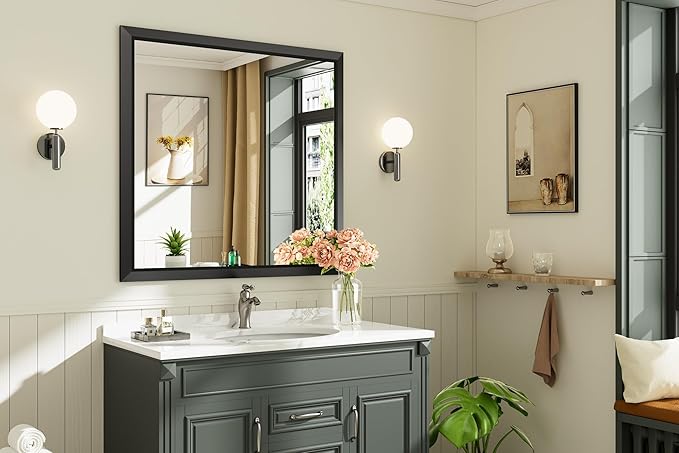 Briivue 40x38 Inch Black Bathroom Mirror for Wall, Thick Metal Framed Rectangle Mirrors for Over Sink, Bedroom, Living Room, Entryway, Anti-Rust, HD Tempered Glass