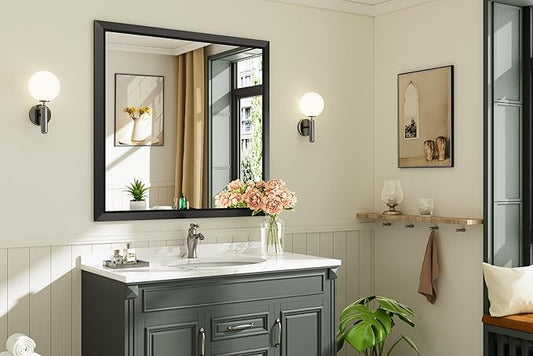 Briivue 40x38 Inch Black Bathroom Mirror for Wall, Thick Metal Framed Rectangle Mirrors for Over Sink, Bedroom, Living Room, Entryway, Anti-Rust, HD Tempered Glass