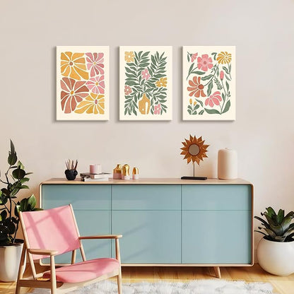 WENGTIAO 3Pcs Flower Market Canvas Wall Art Boho Floral Prints Posters Colorful Blossom Paintings Pictures Minimalist Wildflower Artwork for Living Room Girls Room Nursery Bedroom 16x24x3