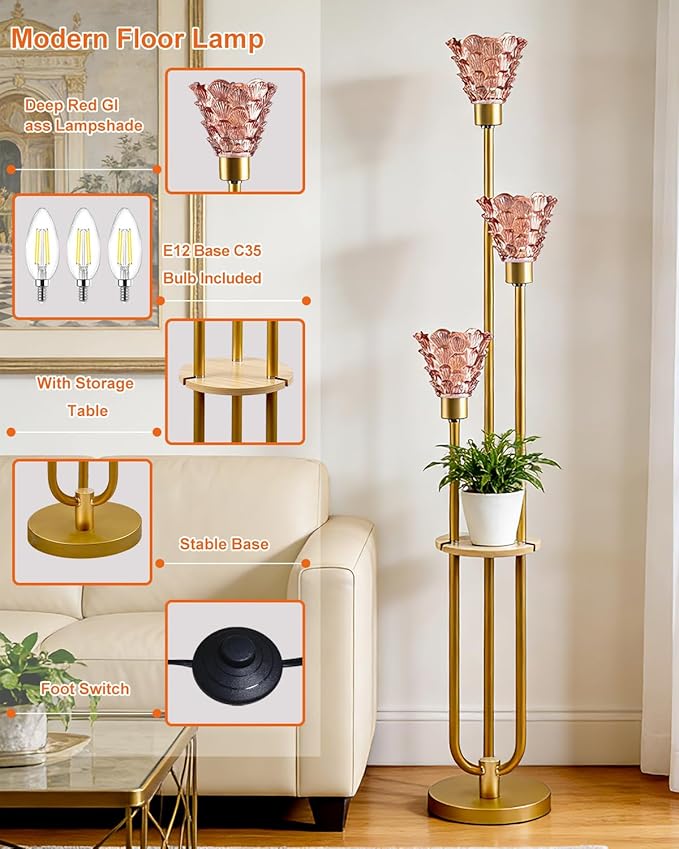 3-Light Modern Glass Floor Lamp with Shelf, Gold Tall Standing Lamp with Deep Red Flower Glass Shade, LED Floor Lamp with Foot Switch& 5Lbs Heavy Base for Living Room Bedroom, Bulb Included